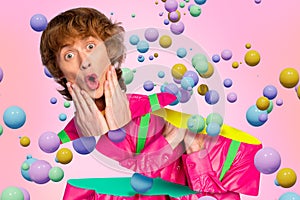 Photo image collage young man excited amazed reaction speechless stupor virtual reality colorful bubbles drawing photo