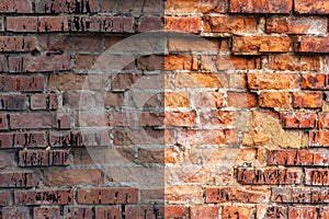 Photo before and after the image editing process. Brick wall