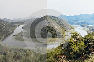 Photo before and after the image editing. River and mauntains