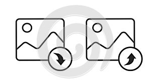 Photo image picture file upload icon vector line outline art, share download button graphic thin linear stroke design,