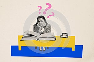 Photo image picture sitting young girl reading huge book encyclopedia bookworm nerd student university college cup