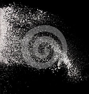 Photo image of throwing snow to hit wall ground and explode splash. Snows Freeze shot on black background isolated overlay. Fluffy