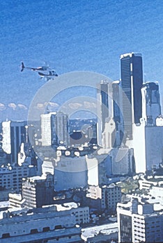 Photo impression of helicopter flying over downtown Los Angeles, California