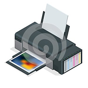 Photo inkjet printer. Color printer prints photo on white isolated background. Four empty refillable cartridges.