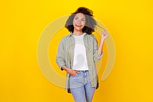 Photo of inspired lady touching curls enjoying new fresh silky shampoo lotion isolated vivid color background