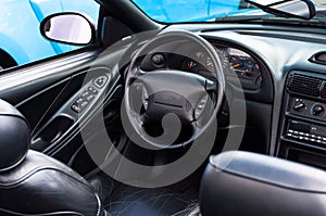 Photo of the interior of the car. American classic, muscle car