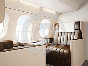 Photo interior of luxury private airplane. Empty leather chair, modern generic design laptop table. Blank white screen