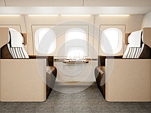 Photo interior of luxury private airplane. Empty leather chair, modern generic design laptop table. Image ready for your