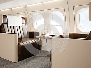 Photo interior of luxury private jet. Empty leather chair, modern generic design laptop table. Blank white screen ready