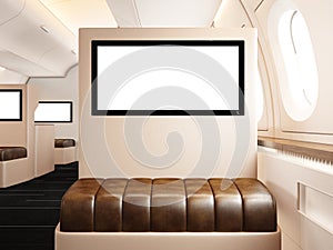 Photo interior of private airplane. Empty leather chair. Blank digital screen ready for your information. Luxury jet