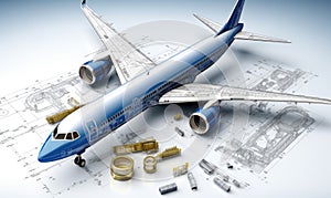 Photo of an intricately detailed airplane sketch on a blueprint backdrop