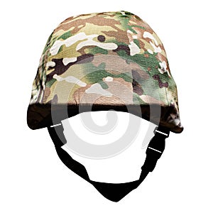 Isolated soldier helmet in camouflaged cover photo