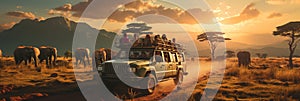 Photo of a jeep driving alongside a majestic herd of elephants on a dusty dirt road. Safary in Africa