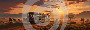 Photo of a jeep driving alongside a majestic herd of elephants on a dusty dirt road. Safary in Africa