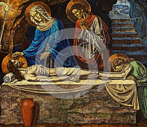 Jesus Lying death in his tomb, with Mary, mosaic photo