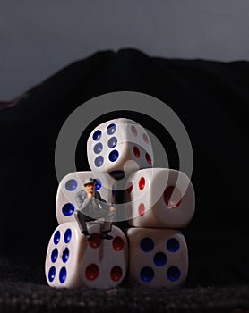 Photo, Jobless, Sitting Stress Man white plastic Dice, Illustration for Bankrupt Gambler