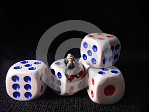 Photo, Jobless, Sitting Stress Man white plastic Dice, Illustration for Bankrupt Gambler