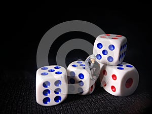 Photo, Jobless, Sitting Stress Man white plastic Dice, Illustration for Bankrupt Gambler