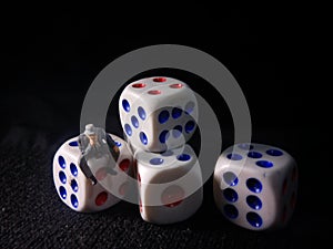 Photo, Jobless, Sitting Stress Man white plastic Dice, Illustration for Bankrupt Gambler