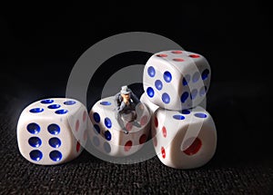 Photo, Jobless, Sitting Stress Man white plastic Dice, Illustration for Bankrupt Gambler