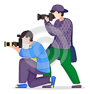 Photo journalists with high resolution cameras, paparazzi taking photo, vector cartoon characters