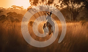 photo of kangaroo in tall grass at sunset. Generative AI