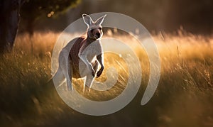 photo of kangaroo in tall grass at sunset. Generative AI