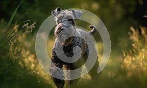 Photo of Kerry blue terrier captured mid-stride in lush green meadow light illuminating its wiry coat and intense gaze capturing