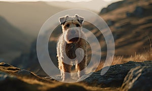 Photo of Lakeland terrier captured amidst rugged terrain of the Lake District. Terrier stands alert ready to spring into action