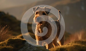 Photo of Lakeland terrier captured amidst rugged terrain of the Lake District. Terrier stands alert ready to spring into action