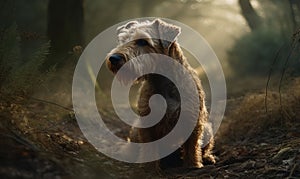 photo of Lakeland terrier sitting on a forest path. Generative AI