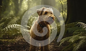 photo of Lakeland terrier standing on a forest path. Generative AI