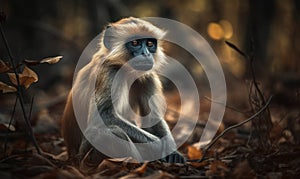 photo of langur on blurry forest background. Generative AI