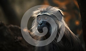 photo of langur on blurry forest background. Generative AI