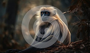 photo of langur on blurry forest background. Generative AI