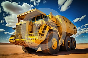 a photo of a large, bright yellow mining vehicle at a job location