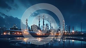 photo of a large oil refinery at night and reflecting refractory glass and sky