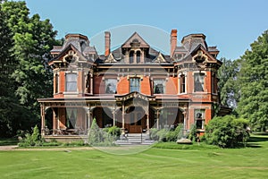 A photo of a large red brick house situated in the middle of a vibrant green field, A Victorian mansion with intricate details, AI