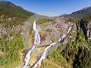Photo of Latefossen - rapid waterfall in Norway. Aerial view, summer time.