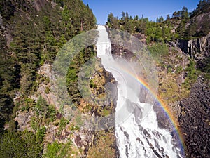 Photo of Latefossen - rapid waterfall in Norway. Aerial view, summer time.