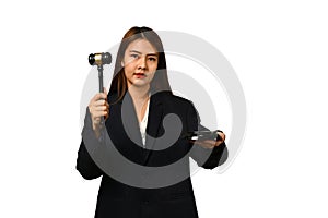 Photo of lawyer wearing formalwear holding gavel hammer mallet isolated on white background