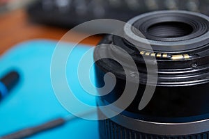 Photo lens with electrical contacts closeup shot