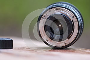 A photo lens lying on the table .