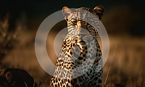 Photo of leopard poised and alert basking in the golden light of the savannah. image showcases the majestic beauty and fierce
