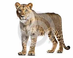 photo of liger hybrid of lion and tiger isolated on white background. Generative AI