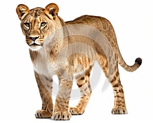 photo of liger hybrid of lion and tiger isolated on white background. Generative AI