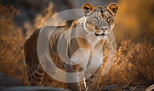 photo of liger hybrid of lion and tiger in its natural habitat. Generative AI