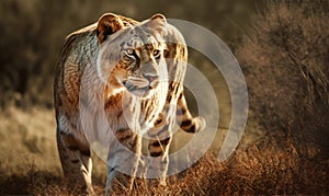 Photo of liger hybrid of lion and tiger majestically prowling through the sun-dappled savannah the powerful felines muscular build