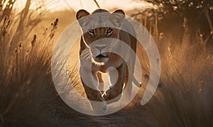 photo of liger hybrid of lion and tiger running in tall grass at sunset. Generative AI