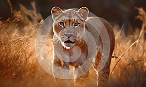 photo of liger hybrid of lion and tiger standing in tall grass at sunset. Generative AI